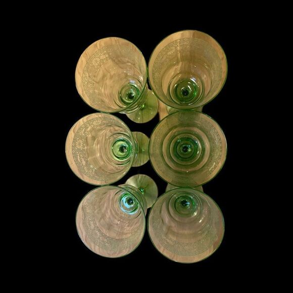 Set of 6 Uranium Glass Stem Etched Floral Wine Vintage Glasses - Picture 6 of 9